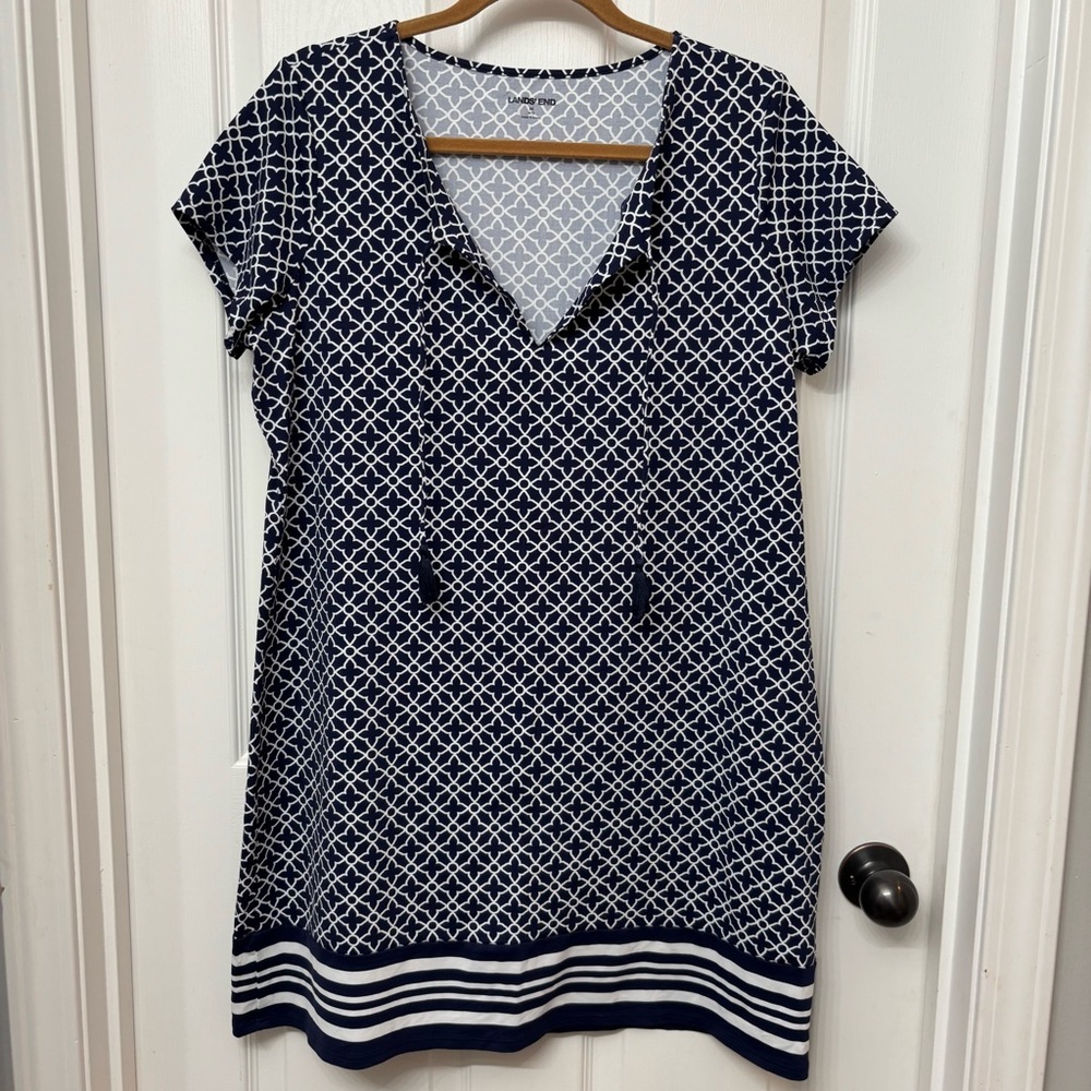 Navy Geometric V-Neck Dress | Lands’ End Women’s M